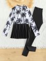 Teen Girls' Palm Tree Print Long Sleeve Tankini Swimsuit Set