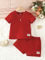 SHEIN Kids EVRYDAY Young Girl Round Neck Waffle Texture Knit T-Shirt And Shorts Set