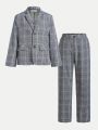 SHEIN Kids FANZEY Tween Boys' Slim Fit Elegant Plaid Notched Lapel Suit Jacket & Pants Two Piece Set