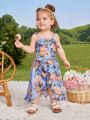 SHEIN Infant Girls' Summer Vacation Floral Patterned Strap Top With Ruffle Hem, Belt And Half Skirt Set