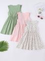 SHEIN Kids EVRYDAY Toddler Girls' 3pcs/Set Casual Cute & Comfortable Ruffle Hem Decorated Dress For Summer