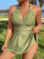 SHEIN Swim Classy Plus Size Ruched Backless Halter Top And Triangular Pants Bikini Swimsuit Set