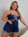 Women's Dark Blue V-neck Camisole Plus Size Pajama Set