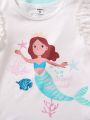 SHEIN Kids QTFun Toddler Girls' Mermaid Print Flounce Sleeve T-Shirt With Three Pieces Set