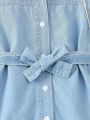 Girls' Spring Romantic And Cute Light Blue Bubble Sleeve Denim Dress Of A-Line Silhouette With Ruffle Edge And Belt