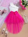 SHEIN Kids CHARMNG Toddler Girls' Ruffle Oblique Shoulder Sleeveless Top And Irregular Tulle Sparkle Dress Two Piece Set