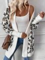 SHEIN LUNE Leopard Pattern Contrast Trim Batwing Sleeve Duster Cardigan