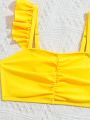 Young Girl Two-Piece Swimsuit Set With Lemon Print & Ruffle Bikini Top, Matching Skirt Cover Up For Beach Vacation, Spring/Summer