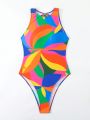 SHEIN Swim Basics Women's Geometric Print Crew Neck One-Piece Swimsuit