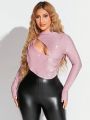 SHEIN SXY New Years Party Valentine'S Lovers Date Outfit Pink Glitter Sparkling Lurex Fabric Long Sleeve T-Shirt