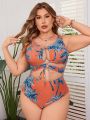 SHEIN Swim Vcay Plus Size Tropical Print Hollow Out Front Lace-up One Piece Swimsuit