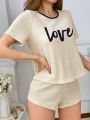 Women's Letter Print Round Neck Short Sleeve T-Shirt And Shorts Homewear Set