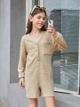 SHEIN Kids EVRYDAY Big Girls' Knitted Solid V-neck Half-buttoned Loose Jumpsuit