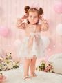 Heart Embroidered Mesh Pleated Sleeve Baby Girl Dress And Headband