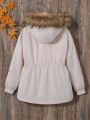 SHEIN Tween Girl Floral Embroidery Fuzzy Trim Hooded Thermal Lined Coat Without Tee