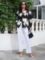 SHEIN Privé Random Floral Print Leg Of Mutton Sleeves Blouse