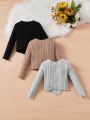 SHEIN Kids KDOMO Tween Girl 3pcs Lettuce Trim Ribbed Knit Hanky Hem Tee