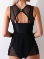 SHEIN Swim Vcay Solid Color Mesh Splicing One-Piece Swimsuit