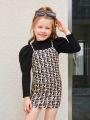 SHEIN Kids CHARMNG Little Girls' Knitted Solid Color Stand Collar Top With Knitted Letter Pattern Vest Dress Suit