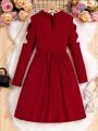 Tween Girls' Wine Red Hollow Out Dress With Unique Design