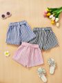 SHEIN Baby Girls' Casual Striped Shorts Set With Elastic Waistband And Matching Belt, 3pcs