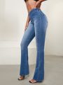 Asymmetrical Waist Flare Leg Jeans