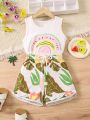 2pcs/Set Toddler Girls' Casual And Cute Sleeveless Top With Printed Shorts For Vacation