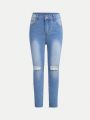 SHEIN Tween Girl Distressed Water Washed Casual Slim-Fit Stretchy Jeans