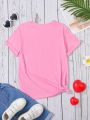 Girls' Casual Round-Neck Short-Sleeved T-Shirt With Letter, Heart & Face Print For Daily Wear