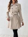 SHEIN Frenchy Women's Solid Color Lapel Double-breasted Wool Coat With Waist Belt