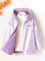 Tween Girl 1pc Reversible Letter Patched Zip Up Thermal Lined Hooded Coat