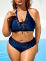 SHEIN Swim BAE Women's Plus Size Blue Halter Neck Swimsuit With Tie