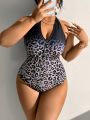 SHEIN Swim SXY Plus Size Women'S Leopard Print Halter One-Piece Swimsuit