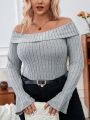 SHEIN Essnce Off Shoulder Vertical Stripe Versatile Plus Size T-Shirt