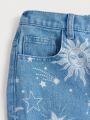 SHEIN Teen Girls' Elastic Waist Sun Moon Star Print Denim Jeans, Water Washed Comfortable Casual Fashionable Style