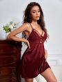 Lace Panel O-ring Cut Out Satin Cami Nightdress