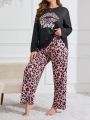 Plus Size Lip & Letter & Leopard Print Pajama Set