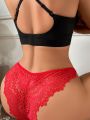 Women's Red Lace Heart Linked Buckle Decorated Triangle Panties