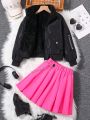 SHEIN Kids Nujoom Older Girl's Velvet Jacket And Chain Detail Skirt Two-piece Set