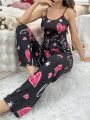 Heart & Letter & Rhinestone Patterned Cami And Pants Pajama Set