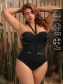 SHEIN Leisure Plus Size Solid Color Halterneck One-Piece Swimsuit