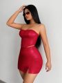 SHEIN SXY Women's Red Leather Strapless Thigh-high Slit Skirt Set