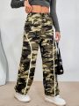 SHEIN Essnce Camo Print Contrast Piping Drawstring Waist Pants