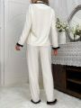 Ladies' Contrast Color Lapel Collar Long Sleeve Pajamas Set With Ear-Shaped Decoration & Long Pants