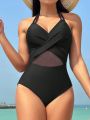 SHEIN Swim Classy Women's One-piece Swimsuit With Mesh Splice And Halter Neck Design