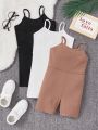 SHEIN 3pcs/set Girls' Knitted Solid Color Jumpsuit With Spaghetti Straps For Holiday