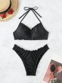 Ruffled Edge & Pleated Detail Bikini Swimsuit Set