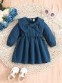 Baby Girls'soft Pleated Fabric Bow-Tie Collar Casual Cute Dress For Autumn And Winter