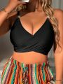 SHEIN Swim Basics Plus Size Women's Solid Color Crossover Swimsuit Top