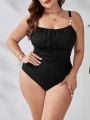 SHEIN Swim Classy Plus Size Women's One-piece Swimsuit With Pearl Button Decoration And Ruching Detail